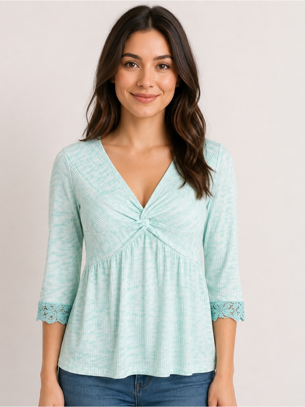 Flamingals Women’s Medium Mint Green Ribbed Twist Front Babydoll Top Lace Cuff N